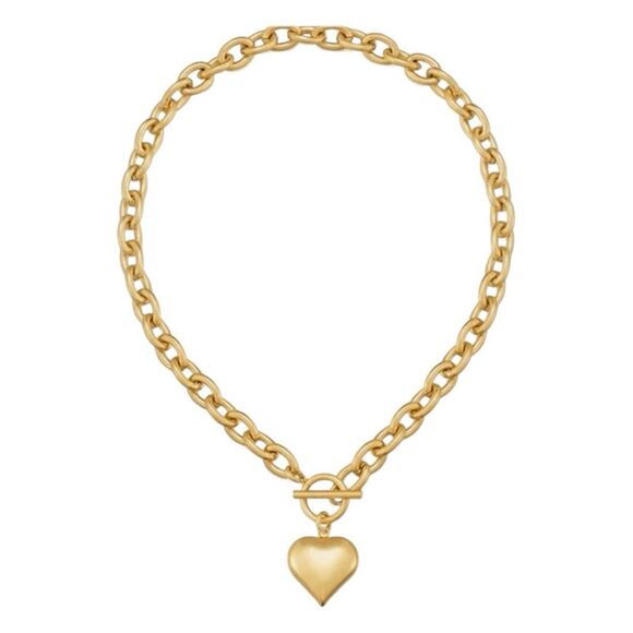 18K Gold Plated Puffy Heart Pendant Necklace Chunky Gold Chain Toggle Close - Picture 1 of 4